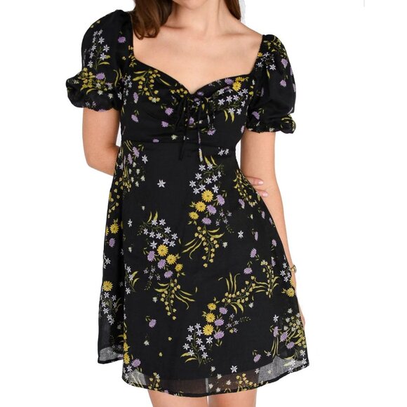 New Steve Madden Violeta Black Floral Print Puff Sleeve Dress - Picture 1 of 5